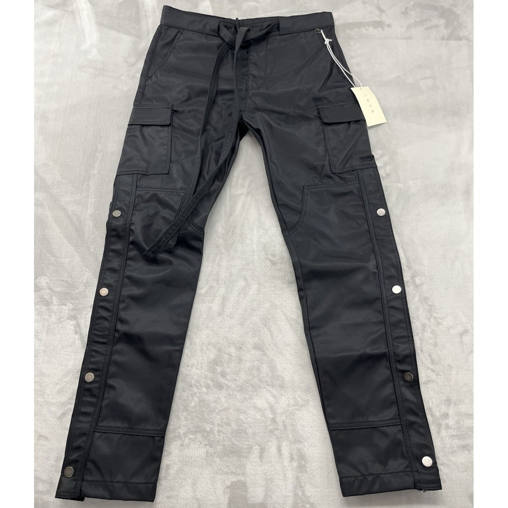 MNML Cargo Pants Men 30x31 Black Snap Zipper II Relaxed Tapered Nylon Streetwear